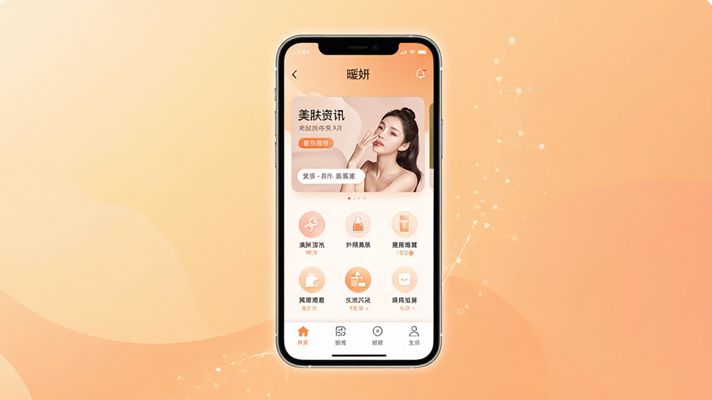 暖妍软件主界面全貌展示,画面中央放置一部智能手机,手机屏幕显示暖妍APP的首页,包含美肤资讯卡片和功能图标,背景为柔和的暖色调渐变,布局采用居中构图,排版清晰有序,风格为现代简约科技感,细节上手机边缘有轻微光晕,屏幕内文字清晰可辨,画质高清,干净,无多余元素