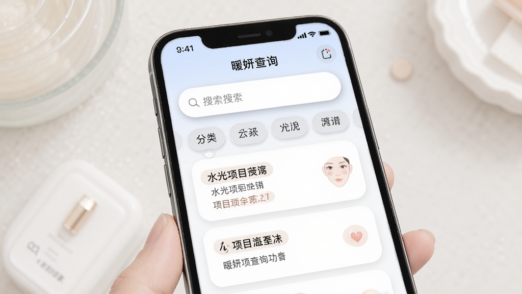 暖妍项目查询功能界面展示,画面为手机屏幕中显示暖妍APP的查询页面,包含搜索框和分类标签,下方列出水光项目相关条目,布局为上下结构,风格为柔和圆角卡片设计,细节上搜索框有轻微内阴影,画质高清,干净,无多余元素