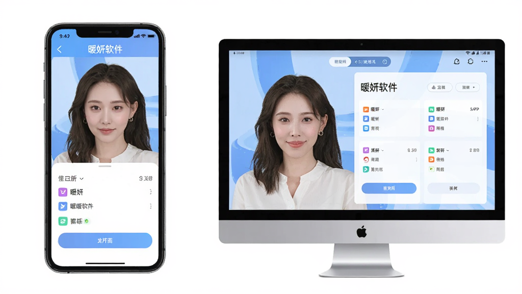 暖妍软件在手机和电脑模拟器上的使用场景对比图,画面左侧为手机竖屏显示暖妍界面,右侧为电脑模拟器横屏显示相同界面,布局为左右对比构图,风格为科技感扁平化,细节上手机和电脑屏幕内均清晰显示暖妍APP内容,画质高清,干净,无多余元素