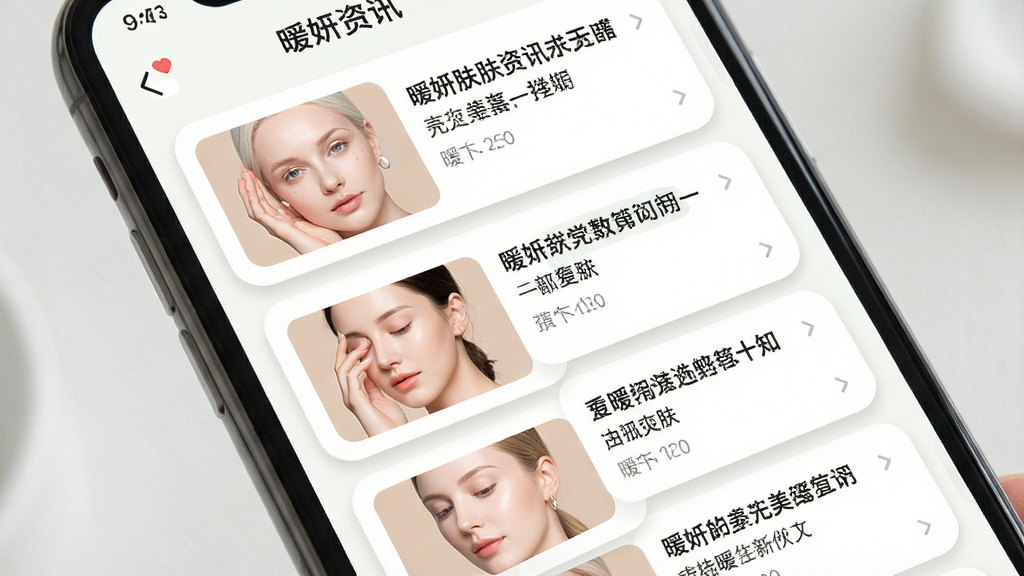 暖妍美肤资讯页面展示,画面主体为手机屏幕特写,屏幕内呈现暖妍APP的资讯列表界面,包含多张美肤文章封面图和标题文字,布局为上下滑动式信息流,风格为清新浅色系,细节上文章卡片带有圆角阴影,画质清晰,干净,无多余元素
