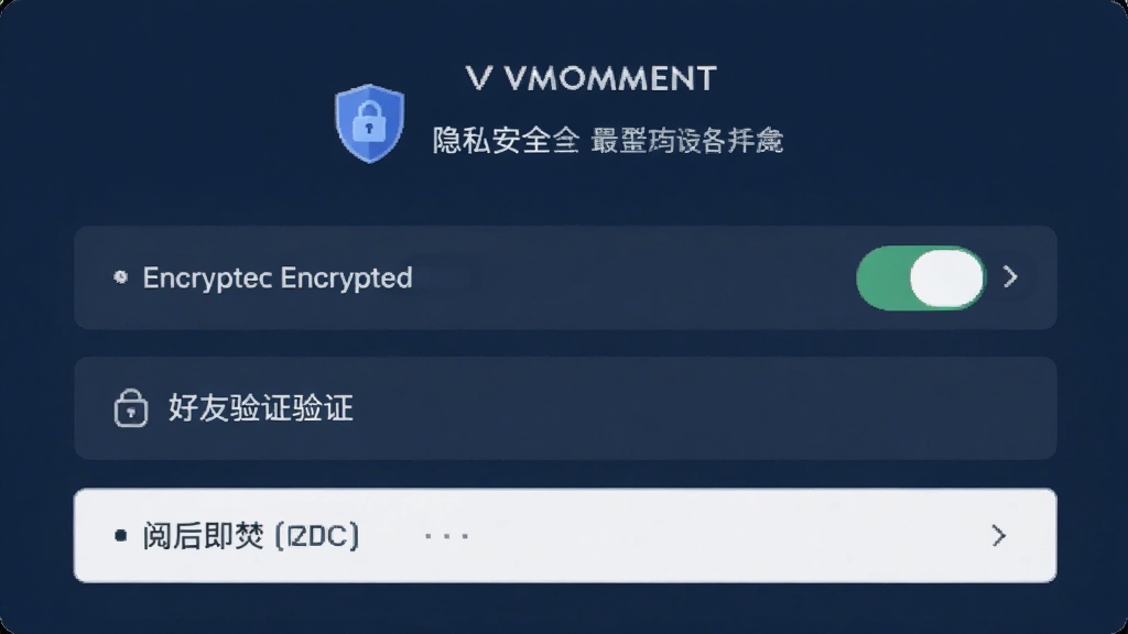 VMOMENT隐私安全设置页面截图,展示加密开关、好友验证和阅后即焚选项,界面以深蓝色调为主,配有盾牌和锁形图标,风格稳重专业,高清画质,干净整洁