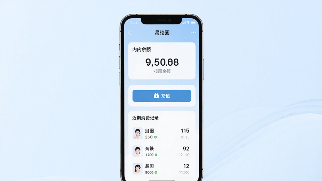 手机屏幕显示“易校园”校园卡管理页面,上方为卡内余额数字,下方为充值按钮与近期消费记录列表,界面采用卡片式布局,背景为淡蓝色渐变,风格简洁现代,画面干净清晰,无多余装饰元素,高清画质