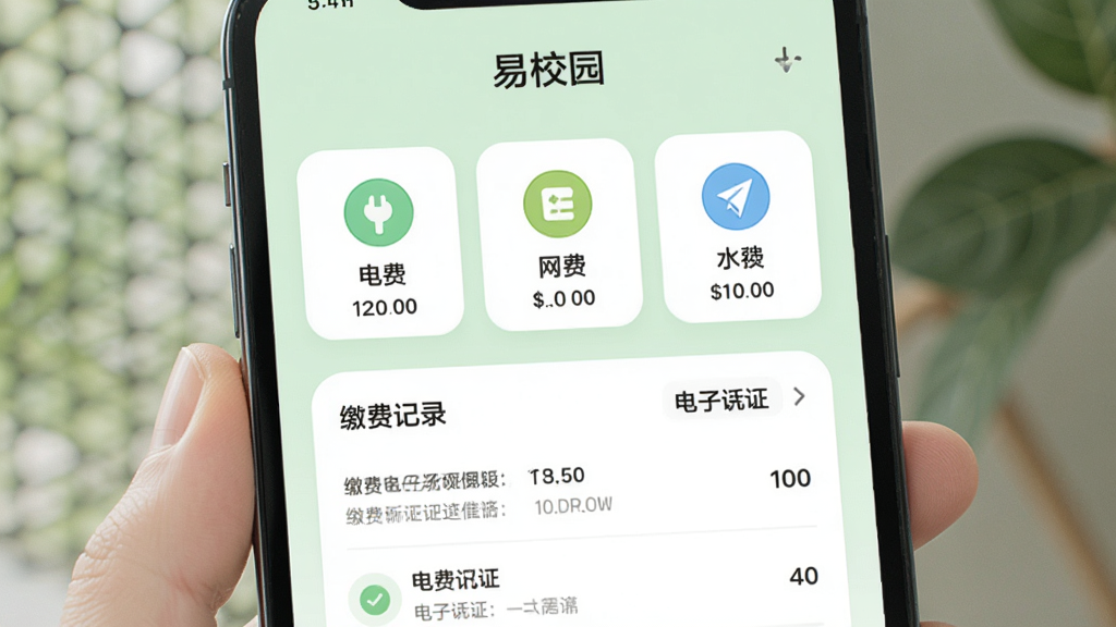 手机屏幕呈现“易校园”生活缴费页面,上方为电费、网费、水费三个缴费入口图标,下方为缴费记录与电子凭证列表,背景为柔和的浅绿色,采用圆角卡片设计,风格清新自然,画面简洁干净,高清画质