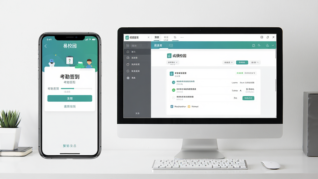 手机与电脑并排展示“易校园”应用运行画面,手机端显示考勤签到界面,电脑端显示模拟器中的成绩查询页面,背景为简约办公桌面,风格商务简洁,画面干净,无多余元素,高清画质
