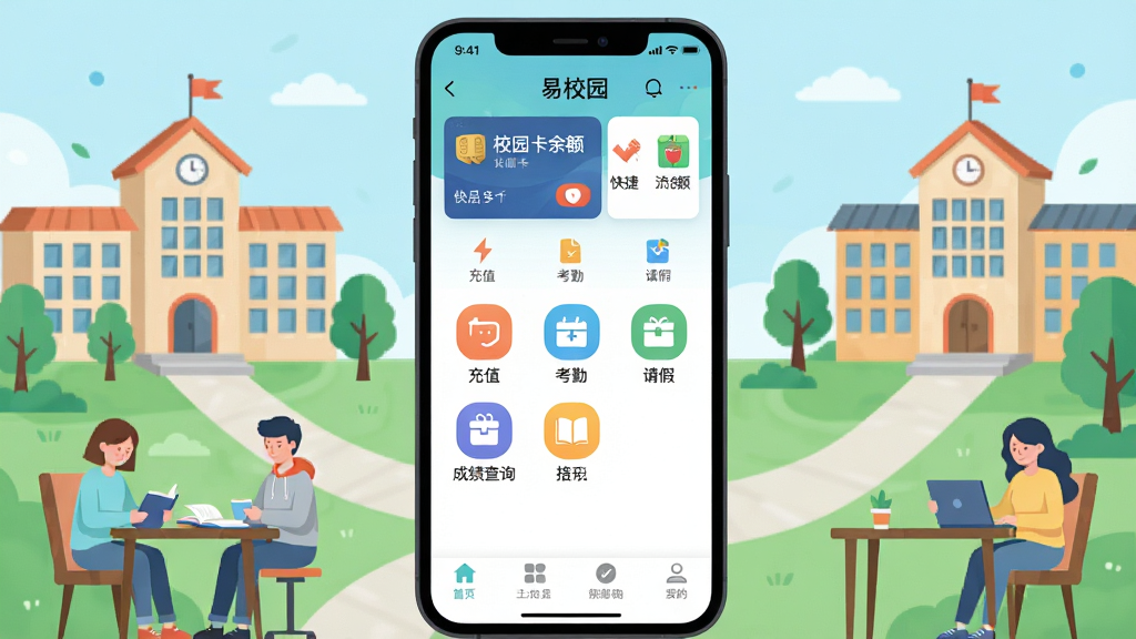 手机屏幕中央显示“易校园”应用主界面,顶部为校园卡余额与快捷功能入口,中部排列充值、考勤、请假、成绩查询等图标,底部为导航栏,周围环绕校园建筑与学习生活元素,采用扁平化插画风格,色彩明亮清新,细节丰富,画面干净整洁,无多余元素,高清画质