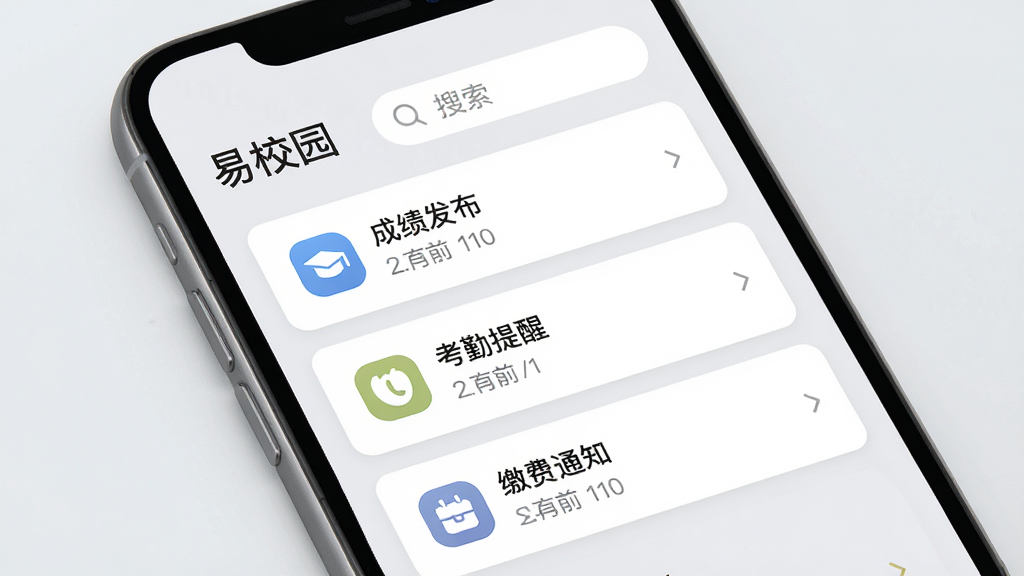 手机屏幕展示“易校园”消息通知页面,列表中有成绩发布、考勤提醒、缴费通知等条目,每条通知带有图标与时间,顶部有搜索框,界面采用浅灰色背景与白色卡片,风格素雅清新,布局整齐,画面干净无杂乱元素,高清画质