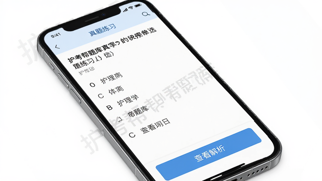 护考帮题库真题练习界面,手机屏幕显示一道护理学单选题,题干清晰,下方四个选项排列整齐,屏幕底部有“查看解析”按钮,旁边有“护考帮题库”水印文字,背景为白色,布局简洁,风格清爽,画质高清,干净无多余元素