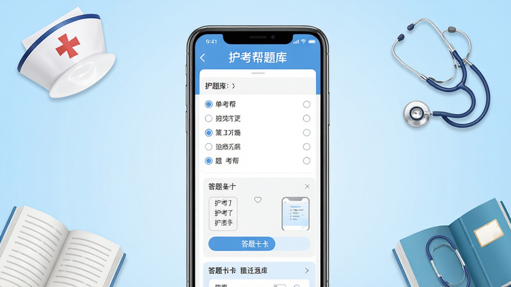 护考帮题库软件主界面展示,画面中央是手机屏幕,屏幕上显示护考帮题库的刷题界面,顶部有“护考帮题库”字样,界面包含单选题选项和答题卡,背景为干净的浅蓝色渐变,周围点缀护士帽、听诊器、书本等医学元素,整体风格清新简洁,布局居中对称,画质高清,干净无多余元素