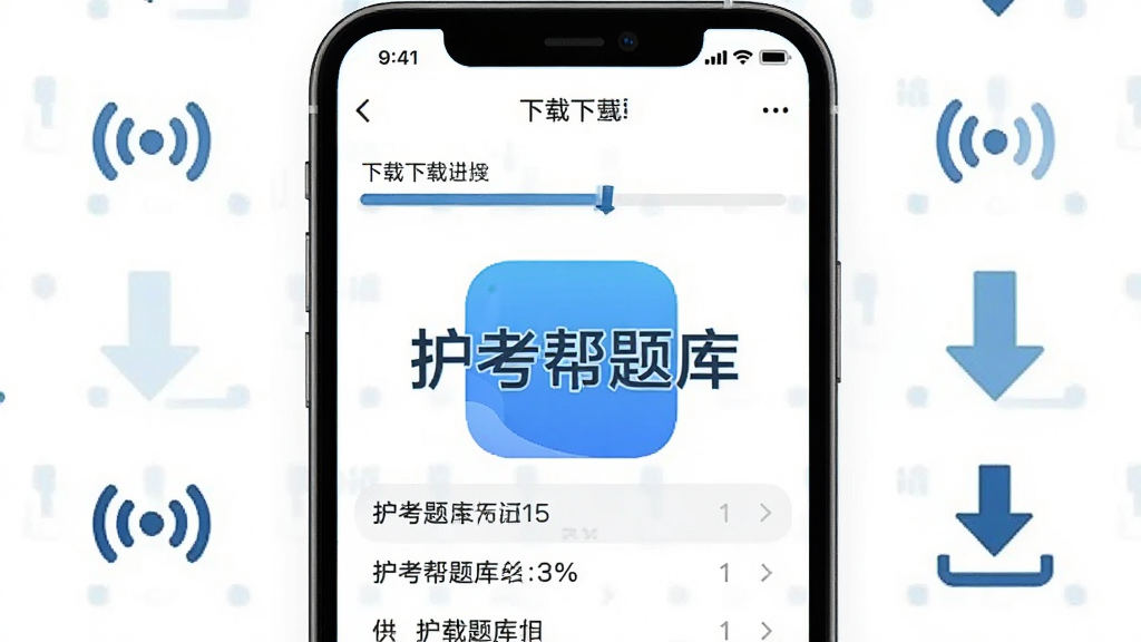 护考帮题库离线下载功能展示,手机屏幕显示下载进度和已下载题库列表,屏幕中央有“护考帮题库”标识,背景为白色,周围有信号屏蔽图标和下载箭头,布局清晰,风格清新浅色,画质高清,干净无多余元素