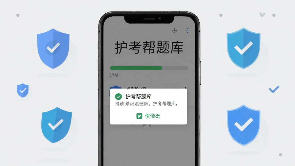 护考帮题库安卓手机安装界面展示,手机屏幕显示安装进度条和权限申请弹窗,屏幕上方有“护考帮题库”文字,背景为浅灰色,周围有盾牌和勾选图标,布局简洁,风格扁平化,画质高清,干净无多余元素