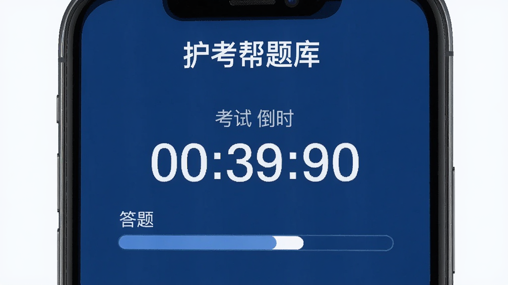 护考帮题库模拟考试倒计时界面,手机屏幕显示考试倒计时和答题进度条,屏幕上方有“护考帮题库”字样,界面风格严肃简洁,背景为深蓝色,布局规整,画质高清,干净无多余元素