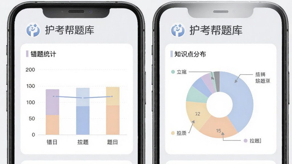 护考帮题库错题分析页面,手机屏幕显示错题统计图表和知识点分布饼图,图表配色柔和,旁边有“护考帮题库”标志,背景为浅灰色,布局清晰,风格简约商务,画质高清,干净无多余元素