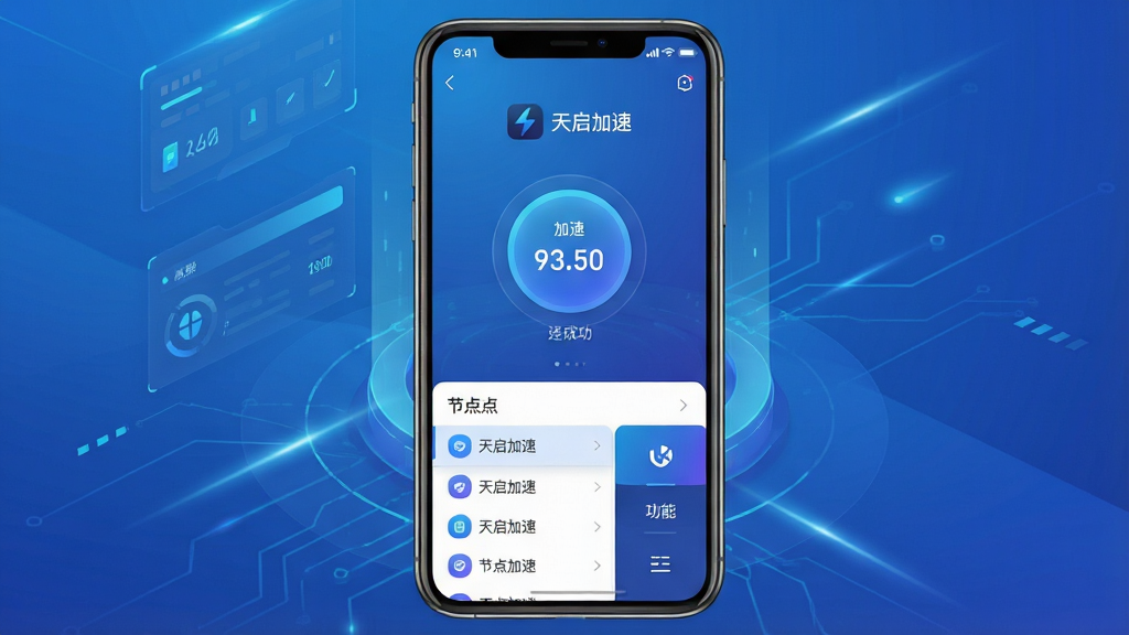 一款名为“天启加速”的手机应用界面展示图,主体为手机屏幕中显示加速连接成功的状态页面,布局采用居中构图,上方为软件名称“天启加速”与图标,中部为圆形加速按钮与延迟数值显示,下方为节点列表与功能菜单,排版简洁清晰,风格为现代科技感UI设计,细节包含蓝色渐变背景、光效线条、数据面板元素,画质高清,干净,无多余元素