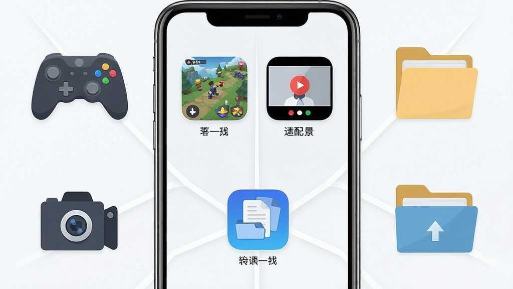 一张表现“天启加速”多场景适配概念的合成图,主体为手机屏幕中同时展示游戏、视频会议、文件传输三个应用图标,布局采用三分屏并列构图,排版以手机为中心向三个方向延展,风格为现代扁平化设计,细节包含游戏手柄、摄像头、文件夹等元素符号,画质高清,干净,无多余元素
