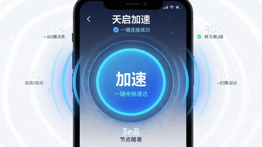 一幅描绘“天启加速”一键连接功能的界面示意图,主体为手机屏幕中一个巨大的圆形加速按钮,按钮周围环绕着信号波纹与延迟数值,布局采用中心对称构图,排版突出按钮与状态文字,风格为简洁明快的UI展示风格,细节包含蓝色光晕、连接成功提示、节点名称,画质高清,干净,无多余元素