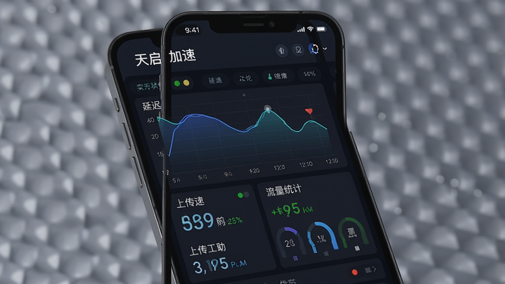 一幅展示“天启加速”实时状态监控面板的界面图,主体为手机屏幕中显示延迟曲线图、上传下载速率数字与流量统计条,布局采用上下分层构图,排版以数据面板为核心,风格为数据可视化UI风格,细节包含折线图、数字仪表、状态指示灯,画质高清,干净,无多余元素
