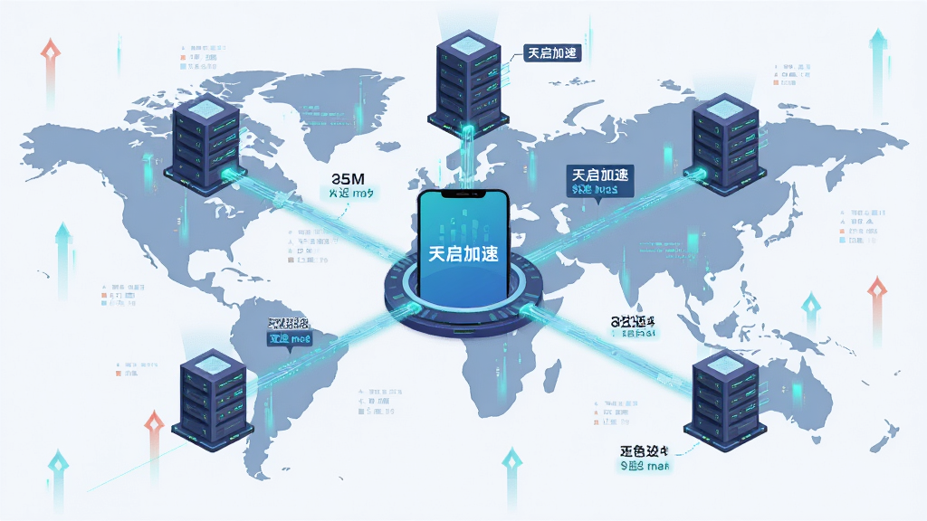 一张展示“天启加速”智能节点调度功能的科技风格插图,主体为多个分布在不同地理位置的服务器节点通过发光线条连接至中央的手机设备,布局采用放射状构图,排版以中央手机为核心向四周发散,风格为扁平化科技插画,细节包含地图轮廓、数据流光、延迟数值标签,画质高清,干净,无多余元素