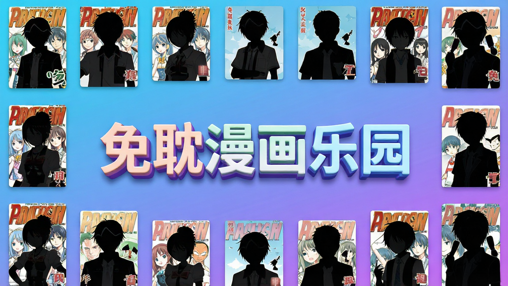 免耽漫画乐园应用主界面展示,中央放置软件名称“免耽漫画乐园”立体字,四周环绕各类漫画封面人物剪影,整体采用清新蓝紫渐变背景,扁平化设计风格,画面干净整洁无多余元素,高清画质