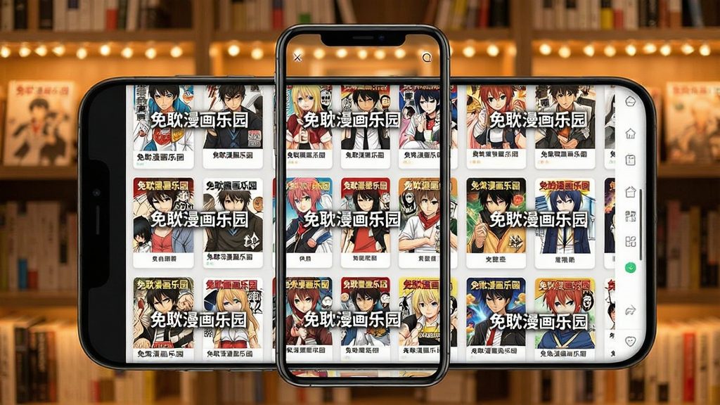 免耽漫画乐园海量漫画书架排列展示,手机屏幕中呈现网格状漫画封面墙,每本书封面清晰标注“免耽漫画乐园”水印,背景为柔和暖光书架场景,UI界面采用卡片式布局,细节精致画质清晰