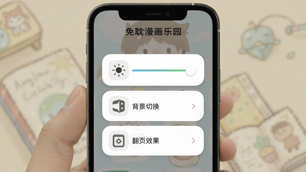 免耽漫画乐园阅读设置面板展示,手机界面弹出亮度调节、背景切换、翻页效果等选项,顶部标注“免耽漫画乐园”,整体UI采用圆角卡片设计,浅色背景,图标简洁,画质高清无多余元素