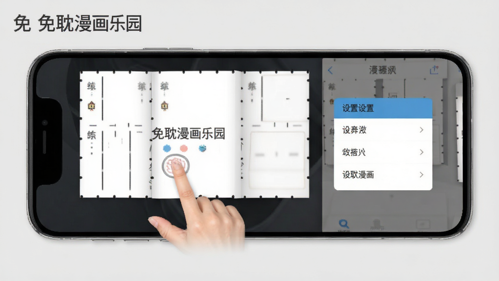 免耽漫画乐园移动端阅读操作示意图,手机屏幕展示翻页手势和设置菜单,画面标注“免耽漫画乐园”名称,背景为浅灰色,UI元素清晰,风格简洁,画质干净