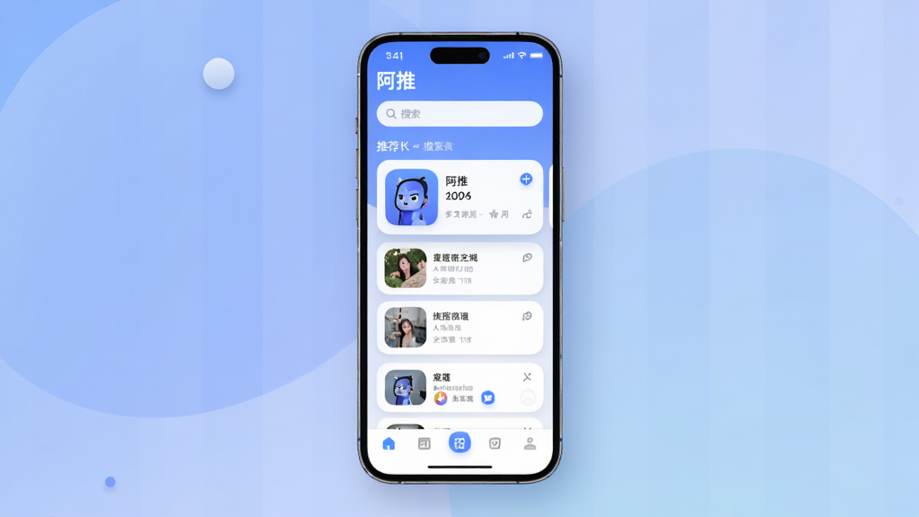 主体为一部智能手机屏幕,屏幕上显示“阿推”应用主界面,布局为顶部搜索栏、中部推荐卡片列表、底部导航菜单,排版简洁清晰,风格为现代扁平化科技风,细节包括柔和的渐变背景、圆角图标、浅色阴影,画质高清,干净,无多余元素