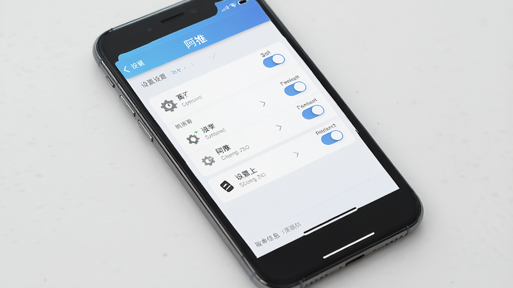 主体为手机屏幕展示“阿推”设置页面,布局为顶部标题栏、中部设置选项列表、底部版本信息,排版简洁明了,风格为清爽的浅色主题,细节包括齿轮图标、开关按钮、向右箭头指示,画质高清,干净,无多余元素