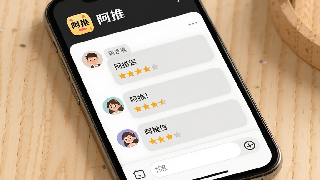 主体为手机屏幕展示“阿推”社区评论区,布局为顶部应用图标与名称、中部用户评论列表、底部输入框,排版层次分明,风格为温暖友好的社交风格,细节包括圆形用户头像、星级评分图标、浅灰色背景卡片,画质高清,干净,无多余元素