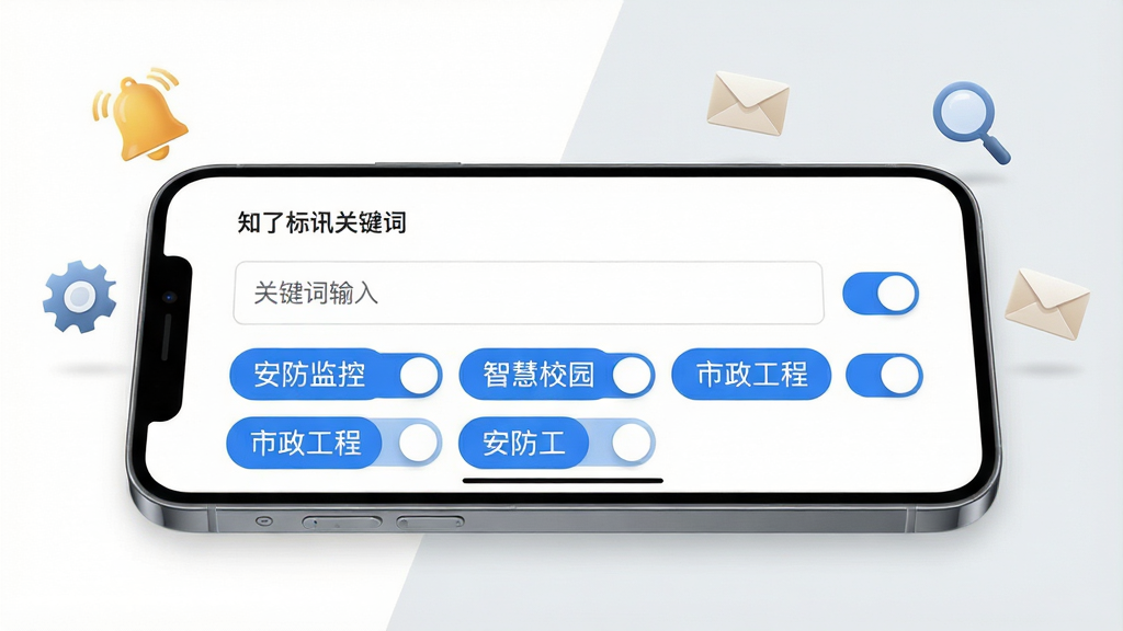 知了标讯关键词订阅功能界面,画面中一部手机横放,屏幕显示关键词输入框和多个已添加的标签,如“安防监控”“智慧校园”“市政工程”,标签呈蓝色圆角矩形,旁边有开关按钮,背景为白色与浅灰色搭配,周围漂浮着铃铛、信封、放大镜等图标,风格清爽商务,细节精致,画质干净,无多余元素