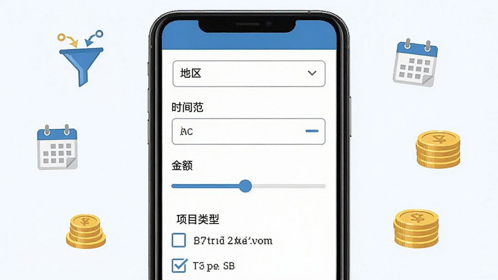 知了标讯多维度筛选界面,画面展示一部手机屏幕,屏幕内是筛选面板,包含地区下拉菜单、时间范围选择器、金额区间滑块和项目类型复选框,界面配色以蓝色和白色为主,布局整齐,周围有漏斗、日历、金币等小图标点缀,风格简约实用,细节清晰,画质干净,无多余元素