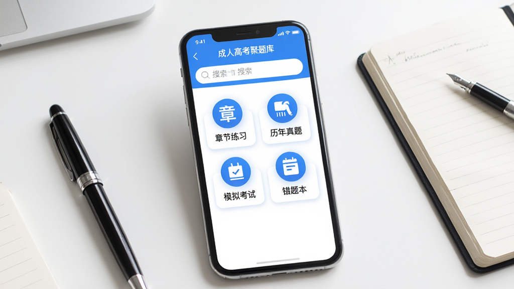 手机屏幕中央显示成人高考聚题库应用主界面,界面布局清晰,上方有搜索栏,中间排列章节练习、历年真题、模拟考试、错题本等功能图标,整体采用蓝色和白色为主色调,背景为干净的书桌场景,旁边放着一支笔和一本笔记本,风格简洁商务,细节精致,画质高清,干净无多余元素