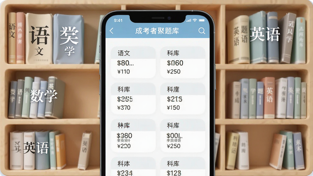 成人高考聚题库界面展示海量题库列表,屏幕中显示不同科目的题库分类,每类下方标注题目数量,背景是虚拟书架样式,书架上排列着语文、数学、英语等科目书籍,整体风格清新浅色,布局整齐,细节丰富,画质高清,干净无多余元素