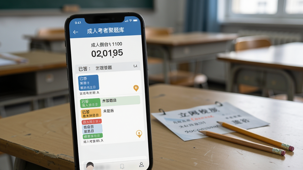 成人高考聚题库模拟考试界面,手机屏幕显示考试倒计时和答题卡,答题卡上有已答和未答题目的颜色区分,背景是安静的考场环境,桌面上有准考证和铅笔,风格严肃正式,细节逼真,画质高清,干净无多余元素