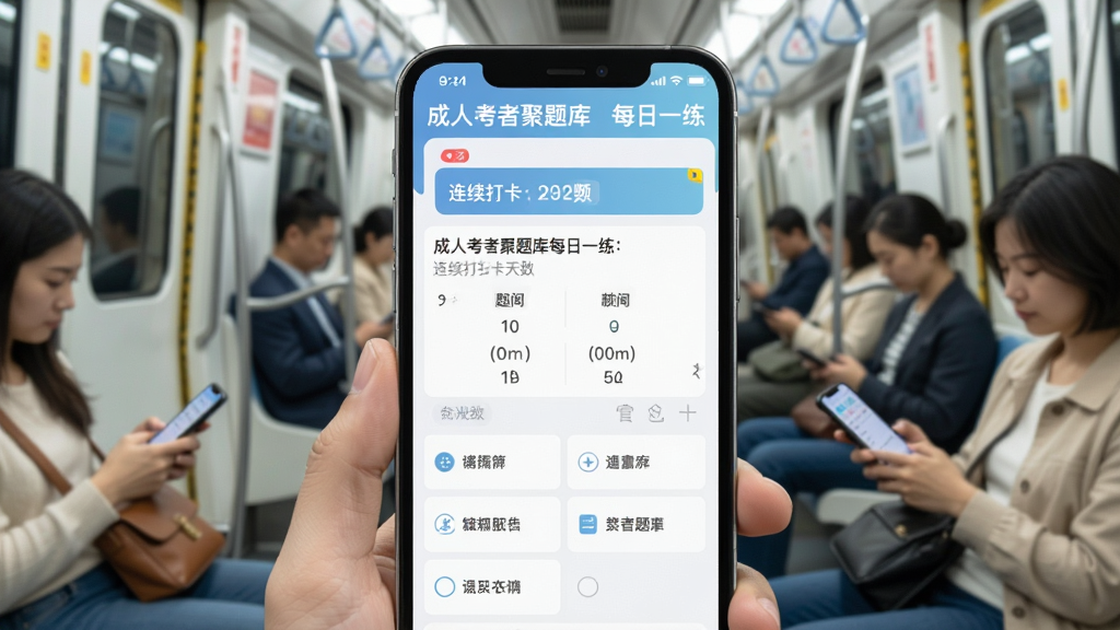成人高考聚题库每日一练界面,手机屏幕显示一道选择题和四个选项,屏幕上方有日期和连续打卡天数,背景是地铁车厢场景,乘客拿着手机学习,风格清新浅色,细节生活化,画质高清,干净无多余元素