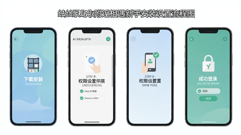 附近相遇新手安装设置流程图,画面展示手机屏幕从下载安装到权限设置再到成功登录的四个步骤,每个步骤有对应的图标和简短文字说明,整体风格扁平化,色彩柔和,画质清晰,干净无多余元素
