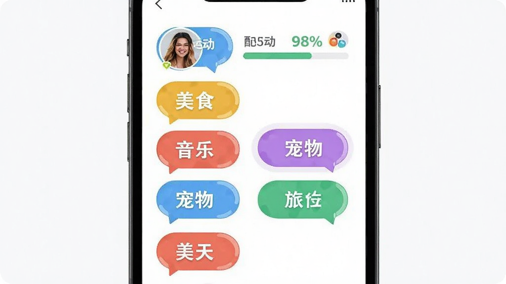 附近相遇兴趣标签筛选界面,手机屏幕展示多个彩色标签气泡,标签上写有运动、美食、音乐、宠物、旅行等文字,用户头像旁有匹配度百分比,界面风格活泼明快,画质干净,无多余元素