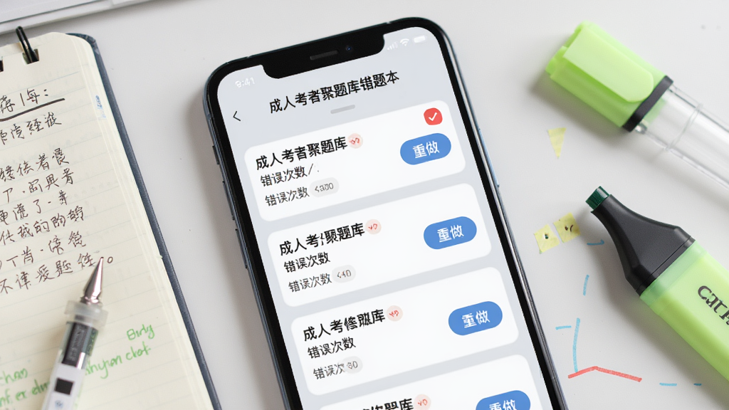 成人高考聚题库错题本功能界面,手机屏幕显示错题列表,每道错题旁边有错误次数标记和重做按钮,背景为柔和的浅灰色,屏幕周围有学习笔记和荧光笔,风格简约商务,细节清晰,画质高清,干净无多余元素