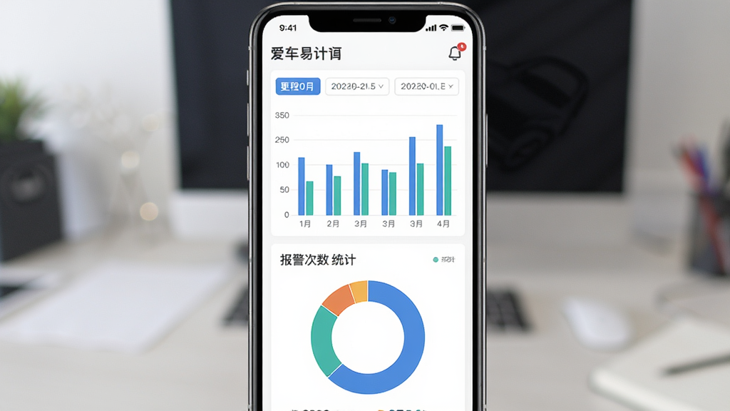 爱车易APP数据统计报表页面展示图,主体为手机屏幕内显示柱状图和环形图,布局为手机居中、图表占据屏幕主要区域,风格为简洁商务风UI,细节包括里程数字、日期筛选标签、报警次数统计卡片,背景为白色,画质清晰,干净,无多余元素