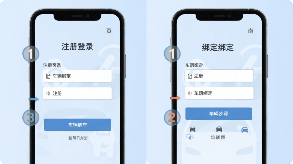 爱车易APP使用指南示意图,主体为手机屏幕显示注册登录和车辆绑定操作步骤,布局为左右分栏,左侧为注册页面右侧为绑定页面,风格为扁平化UI教程图,细节包括输入框、按钮、步骤序号标注,背景为浅蓝色,画质清晰,干净,无多余元素