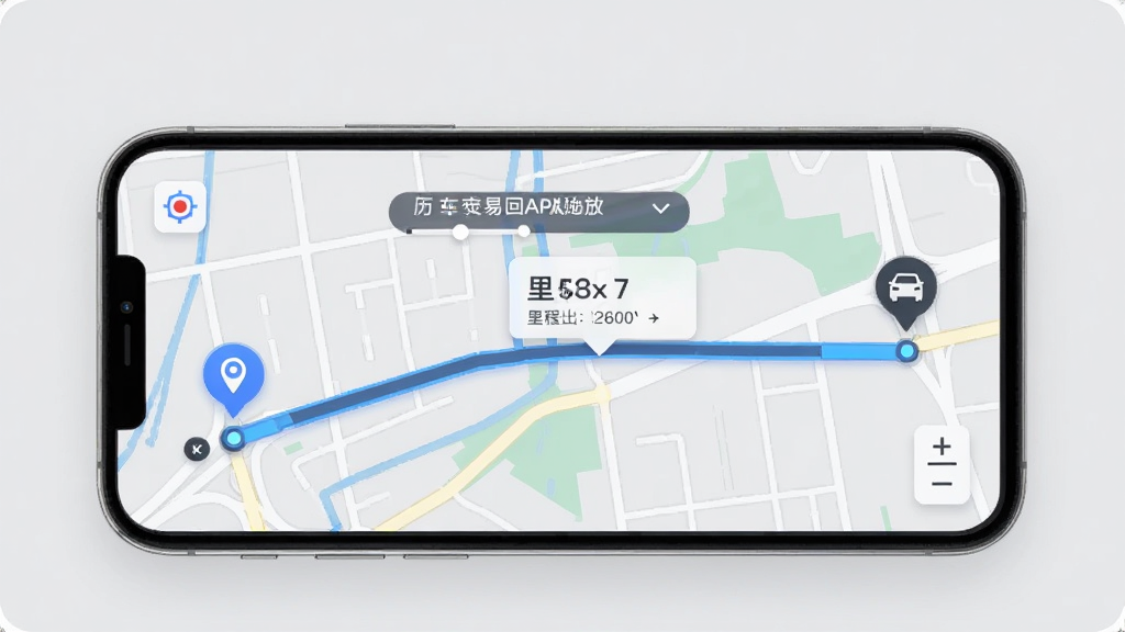 爱车易APP历史轨迹回放功能界面展示图,主体为手机屏幕内显示地图上的车辆行驶轨迹线,起点和终点有标记图标,布局为手机居中、轨迹线贯穿画面,风格为现代科技风UI展示,细节包括时间轴控件、里程数据浮层、地图缩放按钮,背景为浅灰色,画质清晰,干净,无多余元素