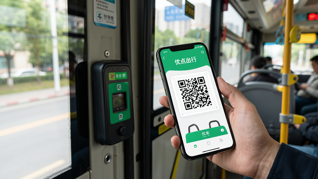 优点出行APP扫码乘车功能展示图,画面中一只手拿着手机对准公交车上的扫码器,手机屏幕显示