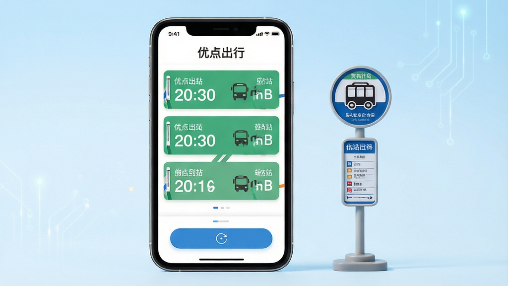 优点出行APP实时公交查询功能展示图,画面主体为手机屏幕特写,屏幕内显示