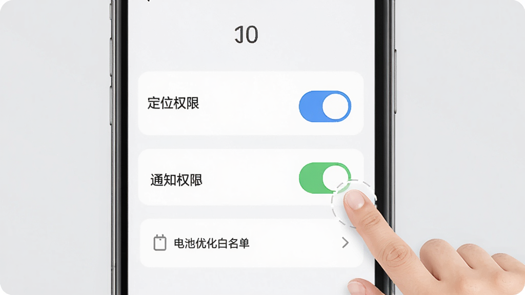 优点出行手机APP使用技巧示意图,画面为手机屏幕显示设置页面,包含定位权限开关、通知权限开关和电池优化白名单选项,旁边有手指点击操作的示意,背景为浅灰色,布局清晰、排版简洁,风格教程引导式,细节明确,画质高清,干净无多余元素