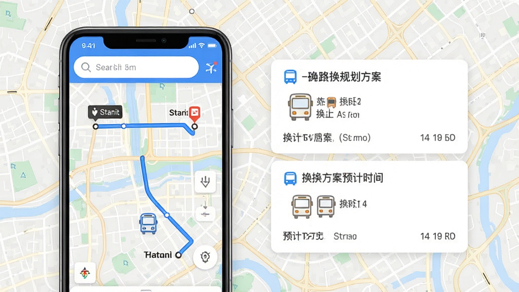优点出行APP线路规划功能展示图,画面为手机屏幕显示地图界面,地图上标注起点和终点,中间用蓝色线条连接公交路线,旁边列出两套换乘方案及预计时间,屏幕上方有搜索框,背景为城市地图纹理,布局清晰、排版规整,风格简洁实用,细节到位,画质高清,干净无多余元素