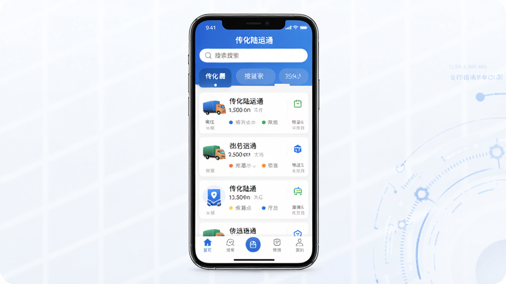 传化陆运通应用界面整体展示图,主体为一部竖屏智能手机,布局为手机正面居中放置,屏幕上显示传化陆运通APP首页,包含货源列表、底部导航栏、顶部搜索框等模块,排版简洁清晰,风格为现代商务科技风,细节包括蓝色主色调、图标精致、文字清晰标注