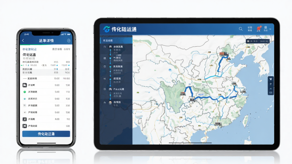 传化陆运通运单管理功能展示图,主体为一部手机与一个平板电脑并排展示,布局为手机显示运单详情页、平板显示运输轨迹地图,排版为左右对比式,风格为商务科技感,细节包括蓝色轨迹线条、状态时间轴、