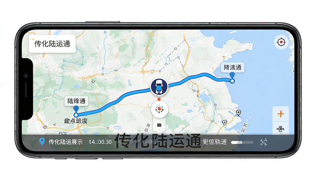 传化陆运通在途定位轨迹展示图,主体为手机屏幕显示地图界面,布局为地图占据屏幕主要区域,车辆图标位于路线中间,排版为全屏地图叠加底部信息栏,风格为现代导航地图风格,细节包括蓝色路线轨迹、车辆定位图标、起点终点标记、