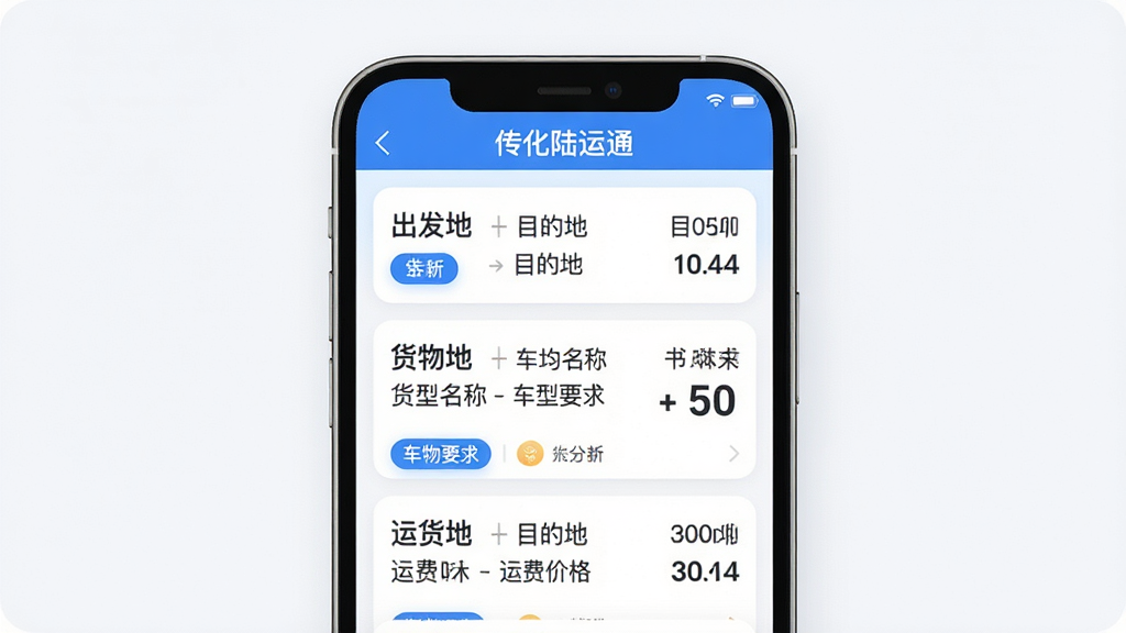 传化陆运通货源列表页面展示图,主体为手机屏幕特写,布局为屏幕内显示多条货源卡片信息,包含出发地、目的地、货物名称、车型要求、运费价格等字段,排版为垂直列表式,风格为清新简约的移动端UI风格,细节包括卡片圆角设计、蓝色标签高亮、