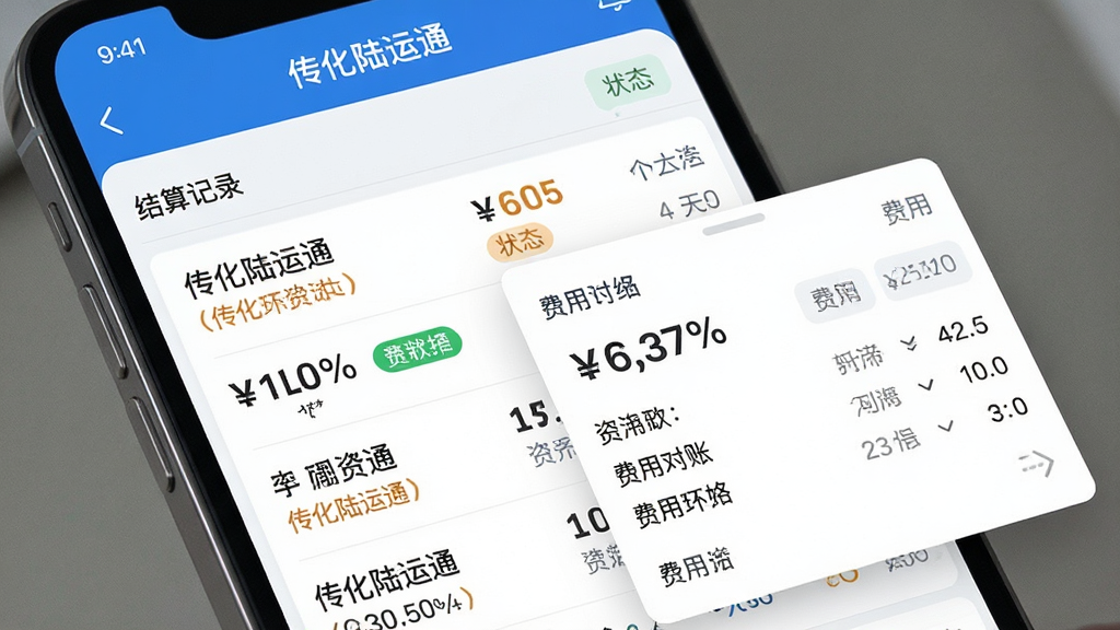 传化陆运通结算对账页面展示图,主体为手机屏幕特写,布局为屏幕内显示结算记录列表与费用明细弹窗,排版为上下结构,风格为清爽金融类APP界面风格,细节包括金额数字突出、状态标签颜色区分、