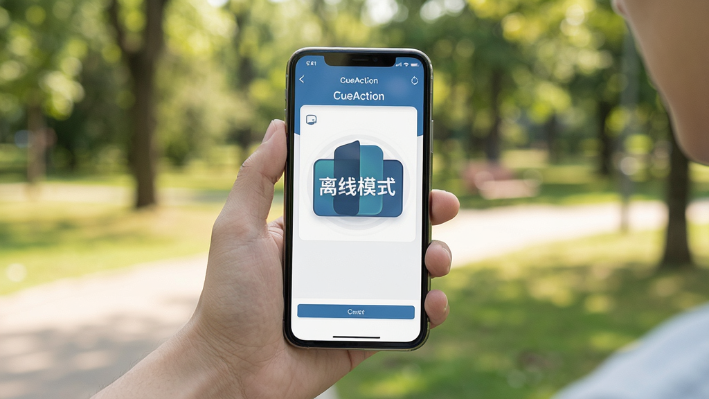 一张展示CueAction离线训练模式的示意图,画面为户外公园场景,用户手持手机查看CueAction界面,屏幕显示“离线模式”标识,背景为自然光环境,风格写实生活化,细节清晰,画质干净,无多余元素